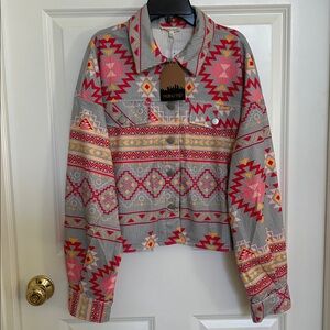 Main Strip | Gray Red Aztec Oversized Jacket | S | p2p 24.5” | length 20.5”